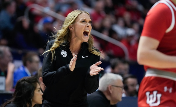 (Francisco Kjolseth  | The Salt Lake Tribune) BYU coach Amber Whiting as BYU hosts Utah, NCAA basketball in Provo on Saturday, Jan. 25, 2025.