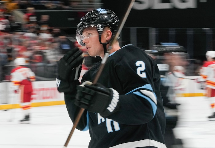 (Francisco Kjolseth  | The Salt Lake Tribune) Newly acquired Utah Hockey Club defenseman Olli Maatta (2) warms up with the team for the first time before their NHL game against the Calgary Flames at the Delta Center in Salt Lake City on Wednesday, Oct. 30, 2024.