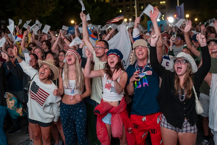 (Rick Egan | The Salt Lake Tribune)  Crowds cheer as Salt Lake City is announced as hosts for the 2034 Winter Olympics at Salt Lake City Hall, Wednesday, July 24, 2024.