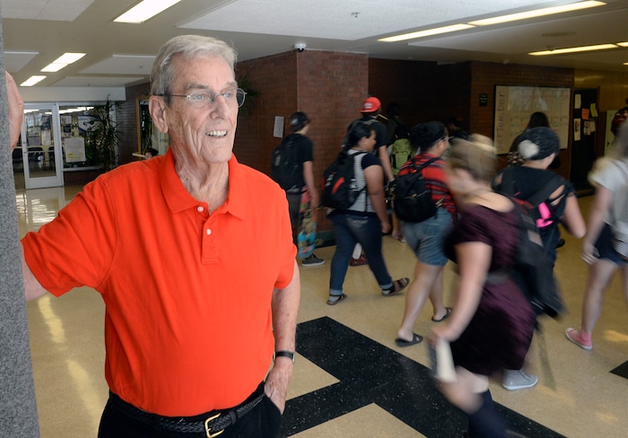 (Al Hartmann | The Salt Lake Tribune)
Dean Collett, a guidance counselor at Highland High School, greets students in 2016.