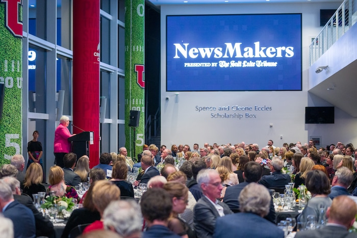 (Trent Nelson  |  The Salt Lake Tribune) Gail Miller speaks at the NewsMaker Awards in Salt Lake City on Thursday, Nov. 16, 2023.