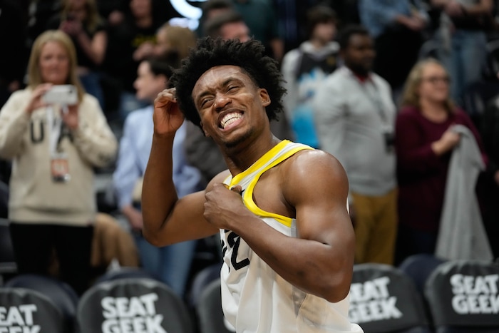 (Francisco Kjolseth  |  The Salt Lake Tribune) Utah Jazz guard Collin Sexton (2) grimaces after missing an opportunity to tie the game against the Golden State Warriors who won 140-137 during their NBA basketball game Thursday, Feb. 15, 2024, in Salt Lake City.