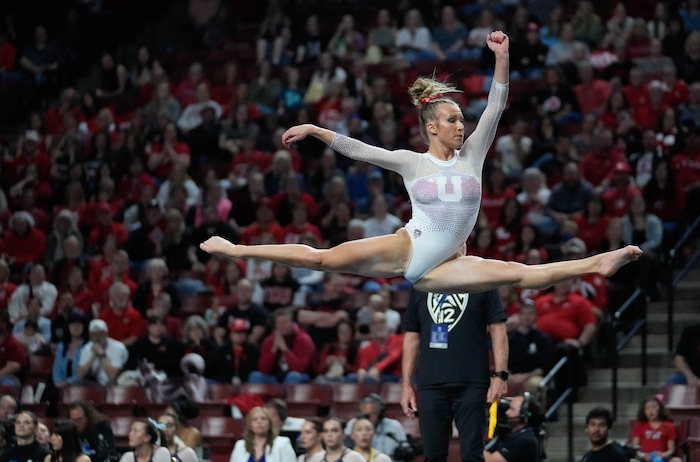 (Francisco Kjolseth  |  The Salt Lake Tribune) Abby Paulson performs on the floor during the Pac-12 Gymnastics Championships, at the Maverik Center in West Valley City on Saturday, March 23, 2024.