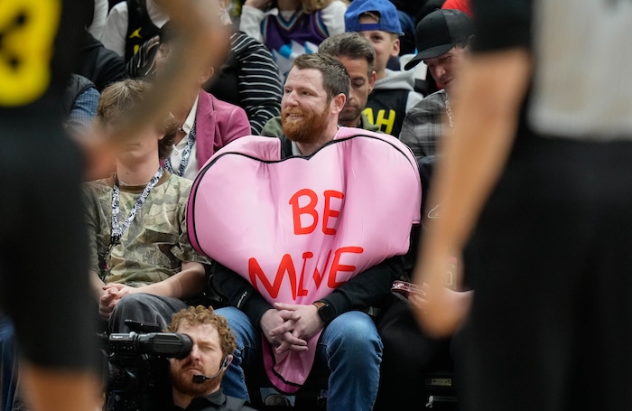 (Francisco Kjolseth  |  The Salt Lake Tribune) Jazz fans take in a game against the Lakers on Valentine’s Day during an NBA basketball game Wednesday, Feb. 14, 2024, in Salt Lake City.