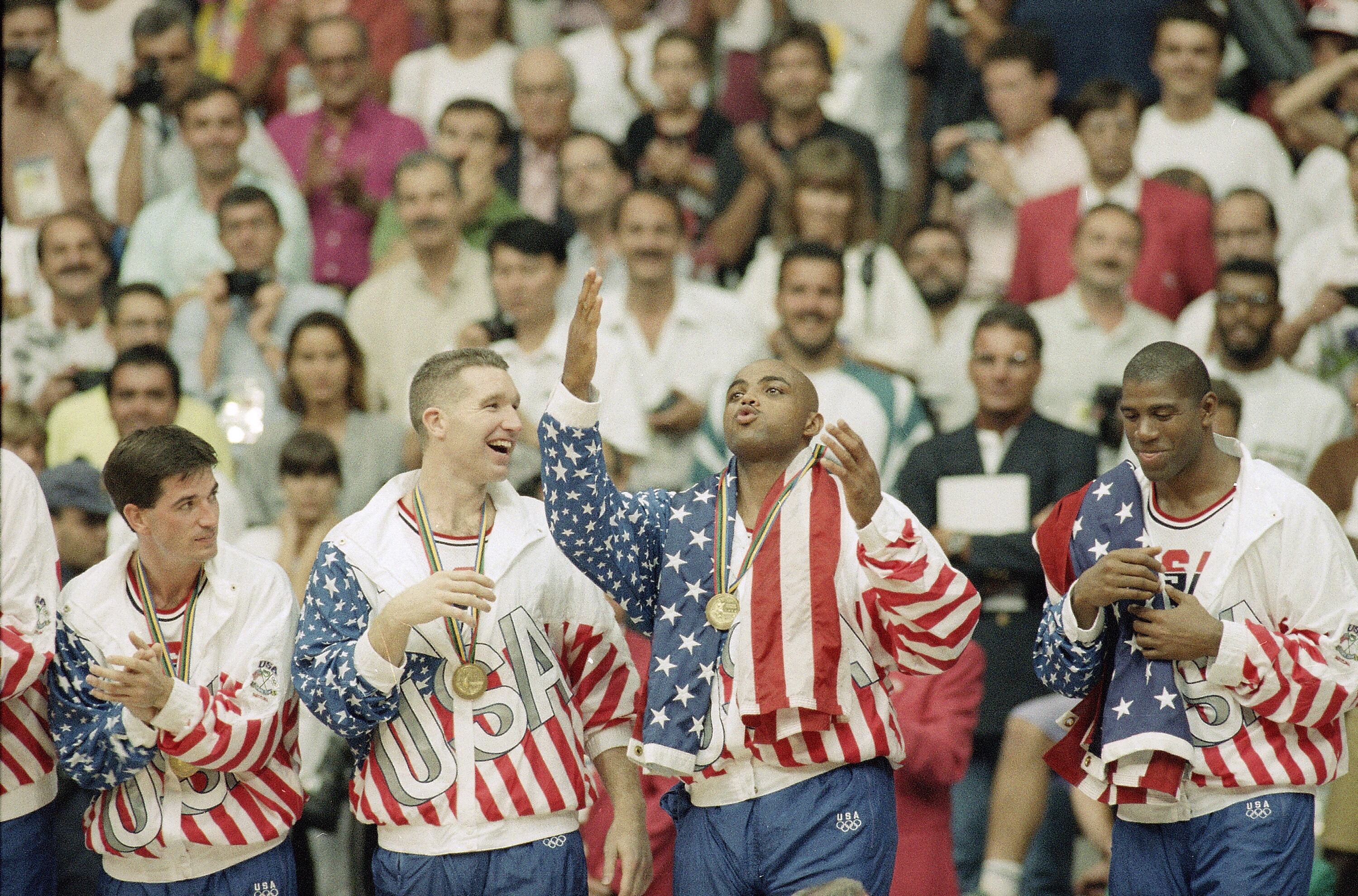 (Jeremy Harmon | Salt Lake Tribune) From left the USA's John Stockton, Chris Mullin, and Charles Barkley rejoice with their gold medals after beating Croatia, 117-85 in Olympics basketball in Barcelona Saturday, Aug. 8, 1992. The USA beat Croatia 117-85 to win the gold medal.