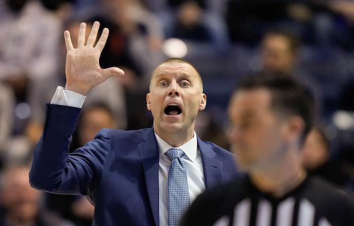 (Francisco Kjolseth  |  The Salt Lake Tribune) BYU coach Mark Pope during an NCAA college basketball game against TCU Saturday, March 2, 2024, in Provo, Utah.