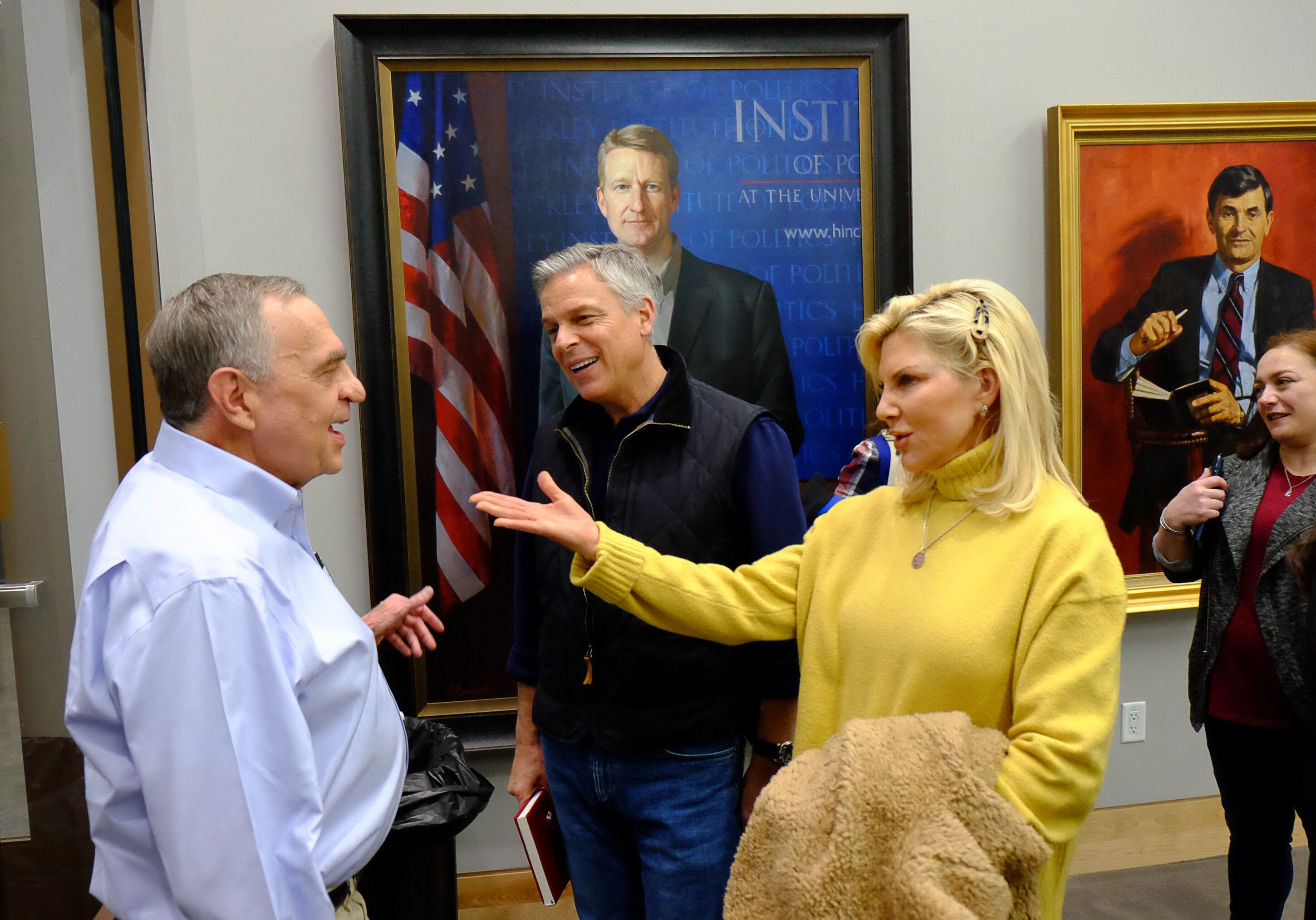 (Francisco Kjolseth | The Salt Lake Tribune) Dave Buhler, Commissioner of Higher Education, left, is greeted by former Governor Jon Huntsman and his wife Mary Kaye following a conversation at the Hinckley Institute of Politics on the University of Utah campus on Thursday, Dec. 5, 2019, to discuss his long career in public service spanning from Utah's Governor's Mansion to Chinese and Russian ambassadorships and examine the increasing significance Utah plays in our globalized world.