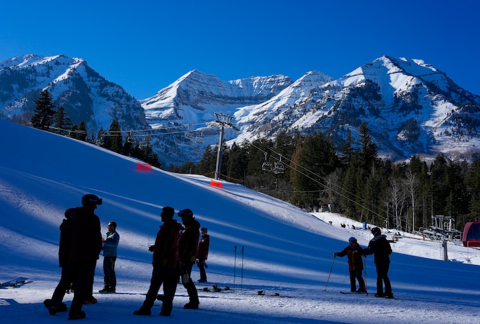 (Bethany Baker  |  The Salt Lake Tribune) Skiers and snowboarders gather at the bottom of a run at Sundance Resort near Provo on Thursday, Dec. 14, 2023.