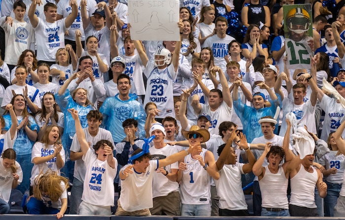 (Rick Egan | The Salt Lake Tribune) Brigham Young fans react as the Cougars extend their lead in the second half,  in basketball action between the Brigham Young Cougars and the Texas Longhorns, at the Marriott Center, on Saturday, Jan. 27, 2024.
