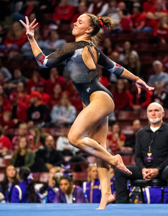 (Rick Egan | The Salt Lake Tribune)  Maile O'Keefe competes on the floor for Utah, as the Red Rocks vs. LSU, Oklahoma and UCLA at the Maverik Center, on Saturday, Jan. 13, 2024.
