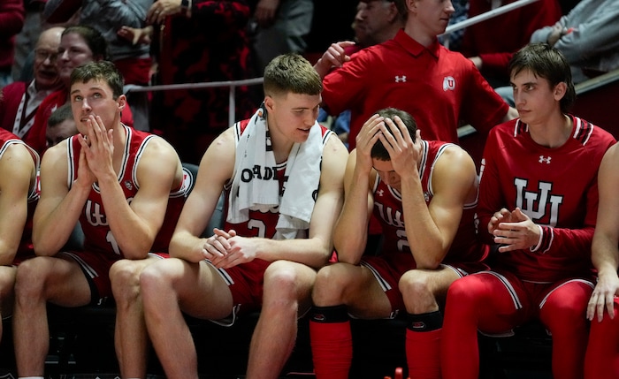 (Bethany Baker  |  The Salt Lake Tribune) Utah Utes players react on the bench during the game against the Brigham Young Cougars at the Jon M. Huntsman Center in Salt Lake City on Saturday, Dec. 9, 2023.