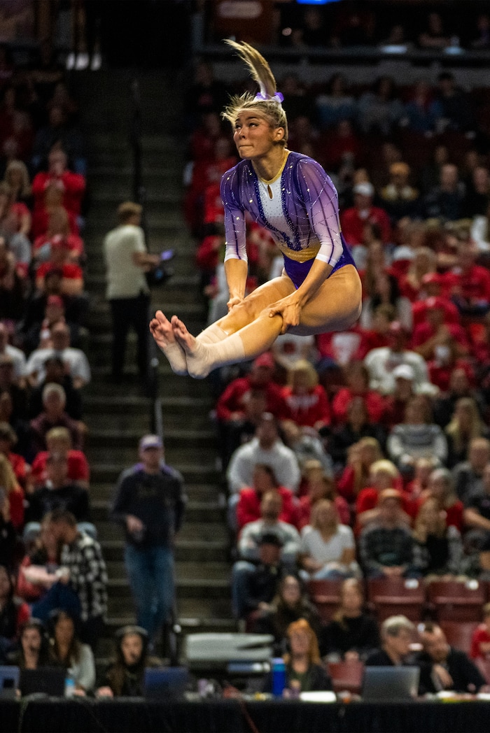 (Rick Egan | The Salt Lake Tribune)  LSU gymnast Livvy Dunne competes on the floor, in a gymnastics meet between Utah, LSU, Oklahoma and UCLA at the Maverik Center, on Saturday, Jan. 13, 2024.