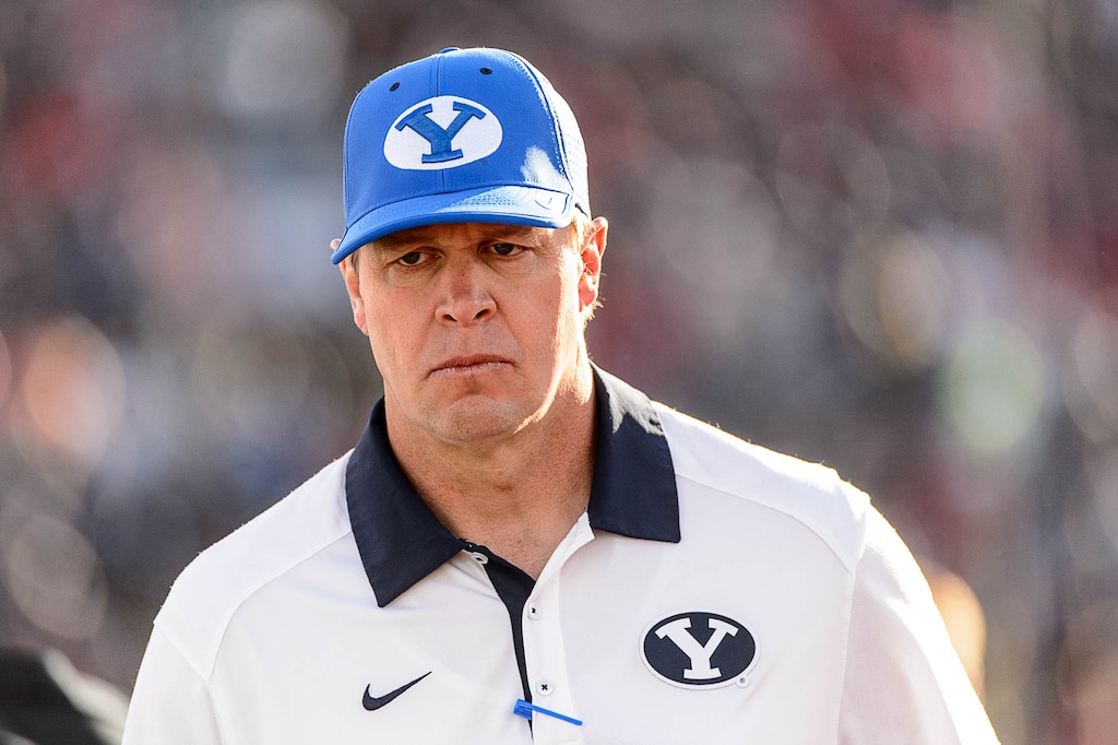 Trent Nelson  |  The Salt Lake Tribune
BYU coach Bronco Mendenhall walks off the field at halftime, as Utah faces BYU in the Royal Purple Las Vegas Bowl, NCAA football at Sam Boyd Stadium in Las Vegas, Saturday December 19, 2015.