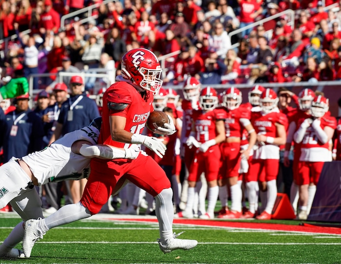 (Chris Samuels | The Salt Lake Tribune) Crimson Cliffs running back McCord Christiansen catches a reception during the 4A high school football championship game against Green Canyon at Rice-Eccles Stadium, Friday, Nov. 17, 2023.