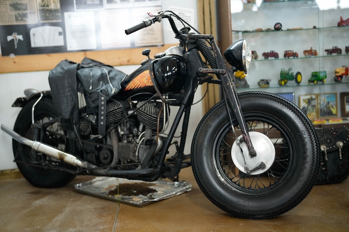 (Francisco Kjolseth  | The Salt Lake Tribune) A 1946 Indian, one of former Steve McQueen’s personal riders, is pictured at the Richard W. Erickson Foundation Power Show & Museum in Wallsburg, Utah on Tuesday, Aug. 6, 2024.