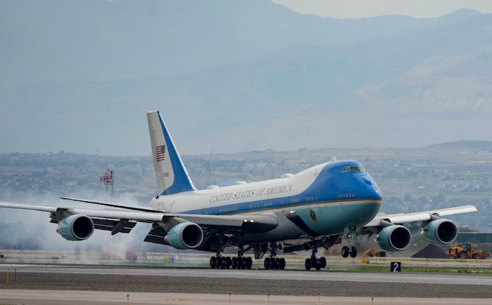 (Francisco Kjolseth | The Salt Lake Tribune) Air Force One lands at Roland R. Wright Air National Guard Base as President Joe Biden visits Utah on Wednesday, Aug. 9, 2023.