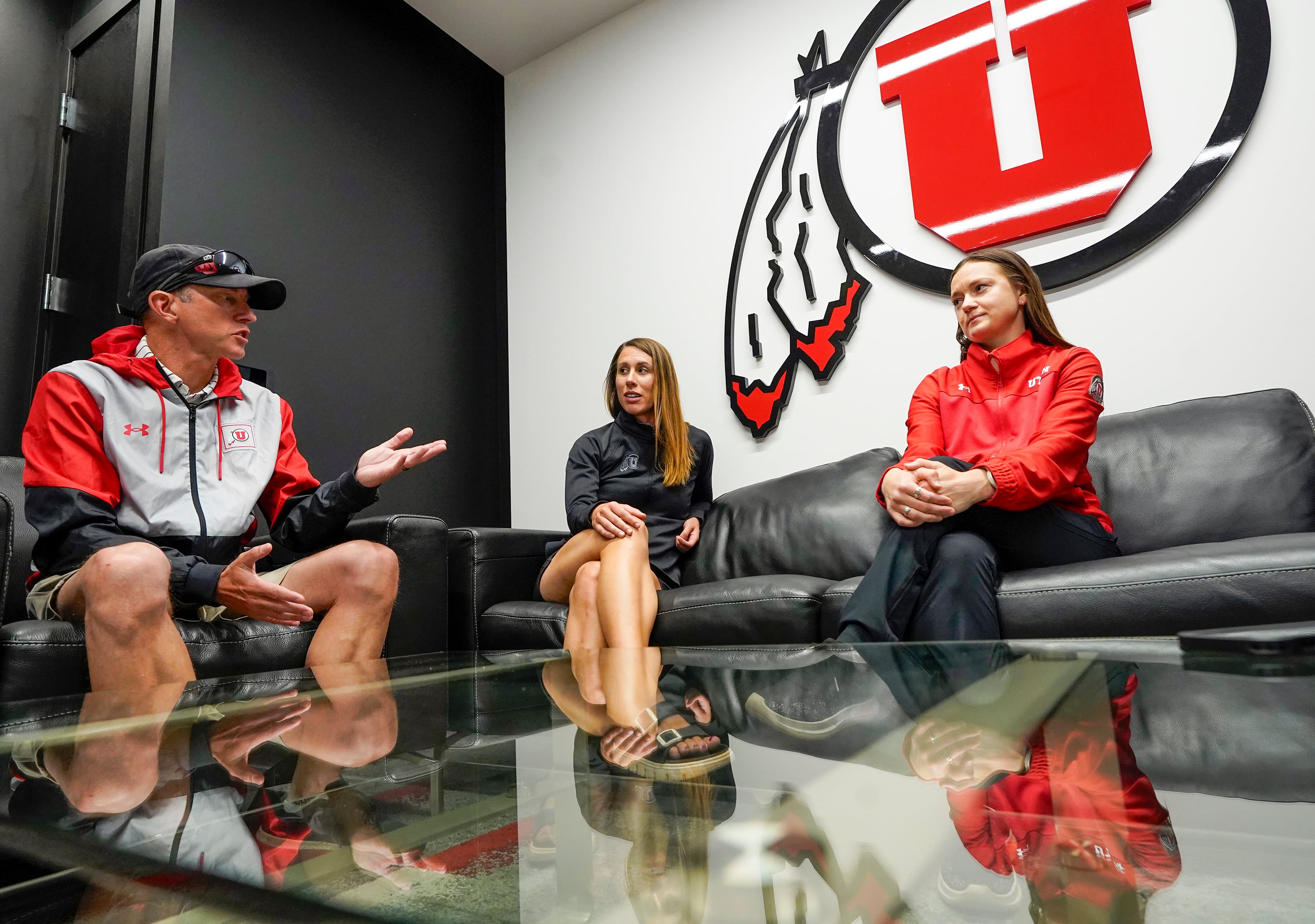 (Chris Samuels | The Salt Lake Tribune) From left, University of Utah track and field head coach Kyle Kepler and assistant coaches Rebecca Rhodes and Charlee Linton speak to reporters on campus in Salt Lake City, Monday, June 3, 2024.