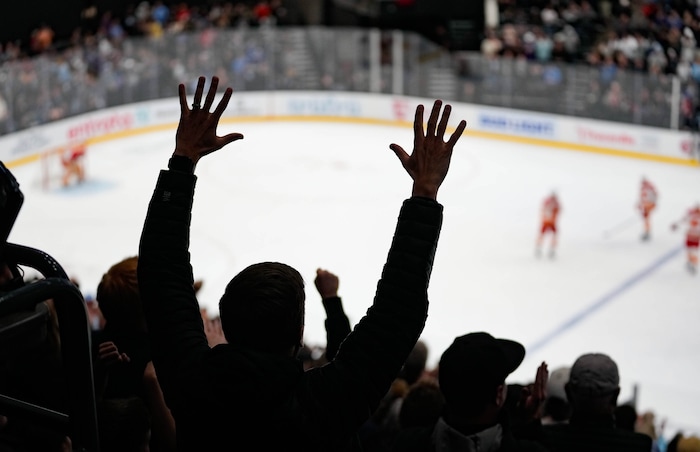 (Francisco Kjolseth  | The Salt Lake Tribune) Hockey fans celebrate a Utah Hockey Club goal over the Calgary Flames during an NHL hockey game at the Delta Center in Salt Lake City on Wednesday, Oct. 30, 2024. Utah won 5-1.