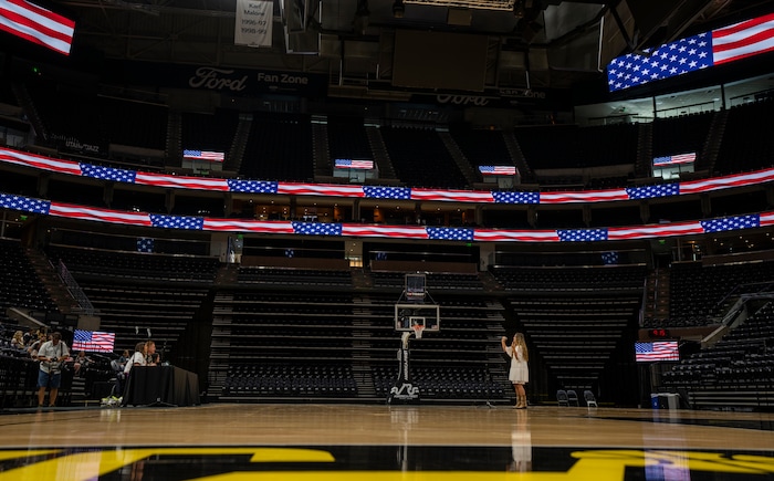 (Rick Egan | The Salt Lake Tribune) A contestant performs for the judges, during the Jazz National Anthem at the Delta Center, on Tuesday, Aug. 29, 2023.
