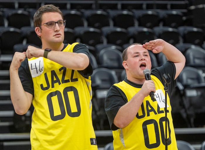 (Rick Egan | The Salt Lake Tribune) Brayden Crawford and Husten Morris perform for the judges, during the Jazz National Anthem try outs, at the Delta Center, on Tuesday, Aug. 29, 2023.