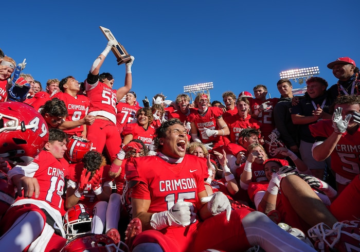 (Chris Samuels | The Salt Lake Tribune) Crimson Cliffs celebrates after winning the 4A high school football championship game against Green Canyon at Rice-Eccles Stadium, Friday, Nov. 17, 2023.