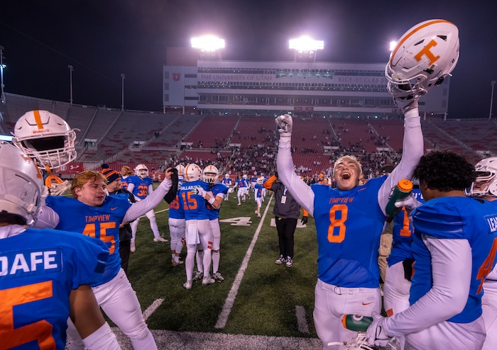 (Rick Egan | The Salt Lake Tribune)   The Timpview Thunderbirds celebrate their 5A State Championship over the Bountiful Redhawks, at Rice-Eccles Stadium, on Friday, Nov. 17, 2023.
