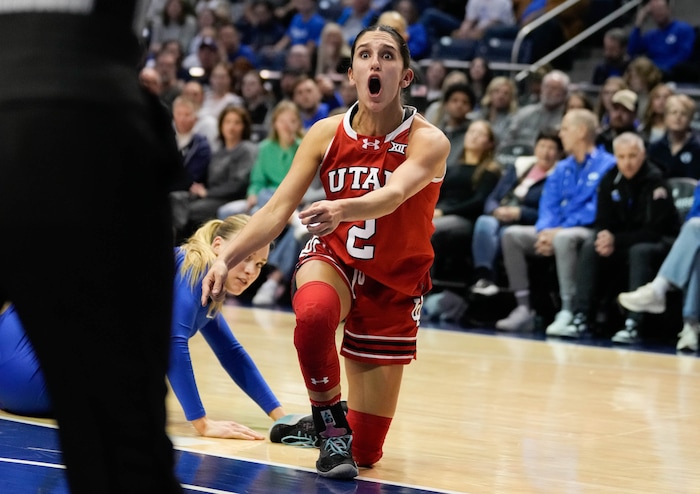 (Francisco Kjolseth  | The Salt Lake Tribune) Utah Utes guard Ines Vieira (2) argues a call as BYU hosts Utah, NCAA basketball in Provo on Saturday, Jan. 25, 2025.