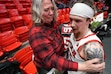 (Francisco Kjolseth  | The Salt Lake Tribune) Utah Utes guard Gabe Madsen (55) is embraced by his mother Jennifer Madsen following a tough 71-69 loss to West Virginia in Salt Lake City, Tuesday, March 4, 2025.