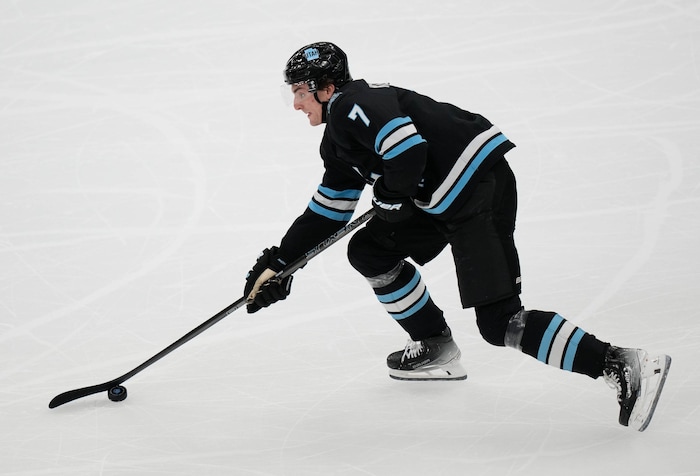 (Francisco Kjolseth  | The Salt Lake Tribune) Utah Hockey Club defenseman Michael Kesselring (7) during an NHL hockey game at the Delta Center in Salt Lake City on Monday, Nov. 18, 2024.