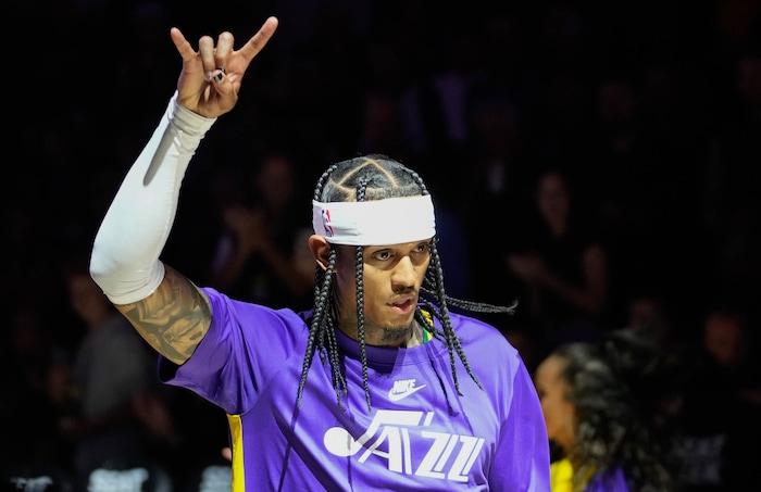 (Francisco Kjolseth  |  The Salt Lake Tribune) Utah Jazz guard Jordan Clarkson (00) is introduced as the Utah Jazz get ready to take on the Sacramento Kings, during NBA basketball in Salt Lake City on Wednesday, Oct. 25, 2023.