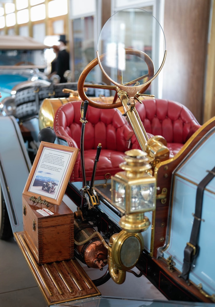 (Francisco Kjolseth  | The Salt Lake Tribune) A monocle windshield on a rare 1913 Pierce-Arrow 48-B Runabout car is pictured at the Richard W. Erickson Foundation Power Show & Museum in Wallsburg, Utah on Tuesday, Aug. 6, 2024.