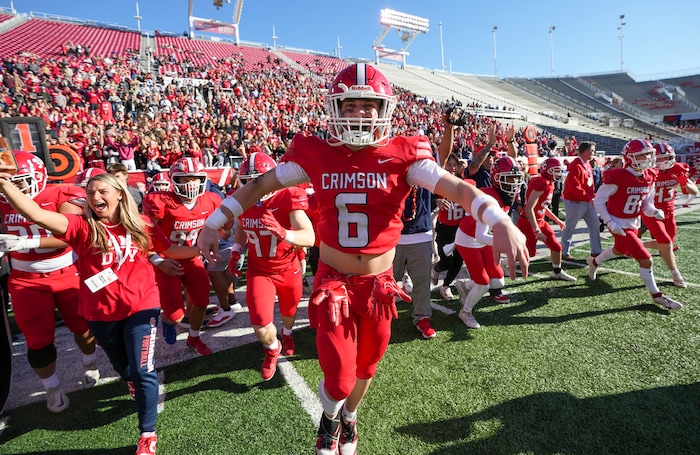 (Chris Samuels | The Salt Lake Tribune) Crimson Cliffs celebrates after winning the 4A high school football championship game against Green Canyon at Rice-Eccles Stadium, Friday, Nov. 17, 2023.