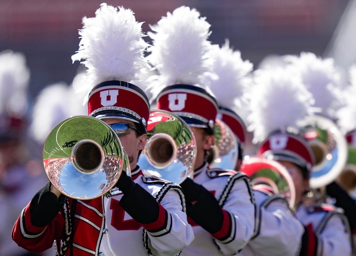 (Francisco Kjolseth  |  The Salt Lake Tribune) The Utah marching band takes to the field before the start of the game between the Utah Utes and the Arizona State Sun Devils in NCAA football in Salt Lake City on Saturday, Nov. 4, 2023.