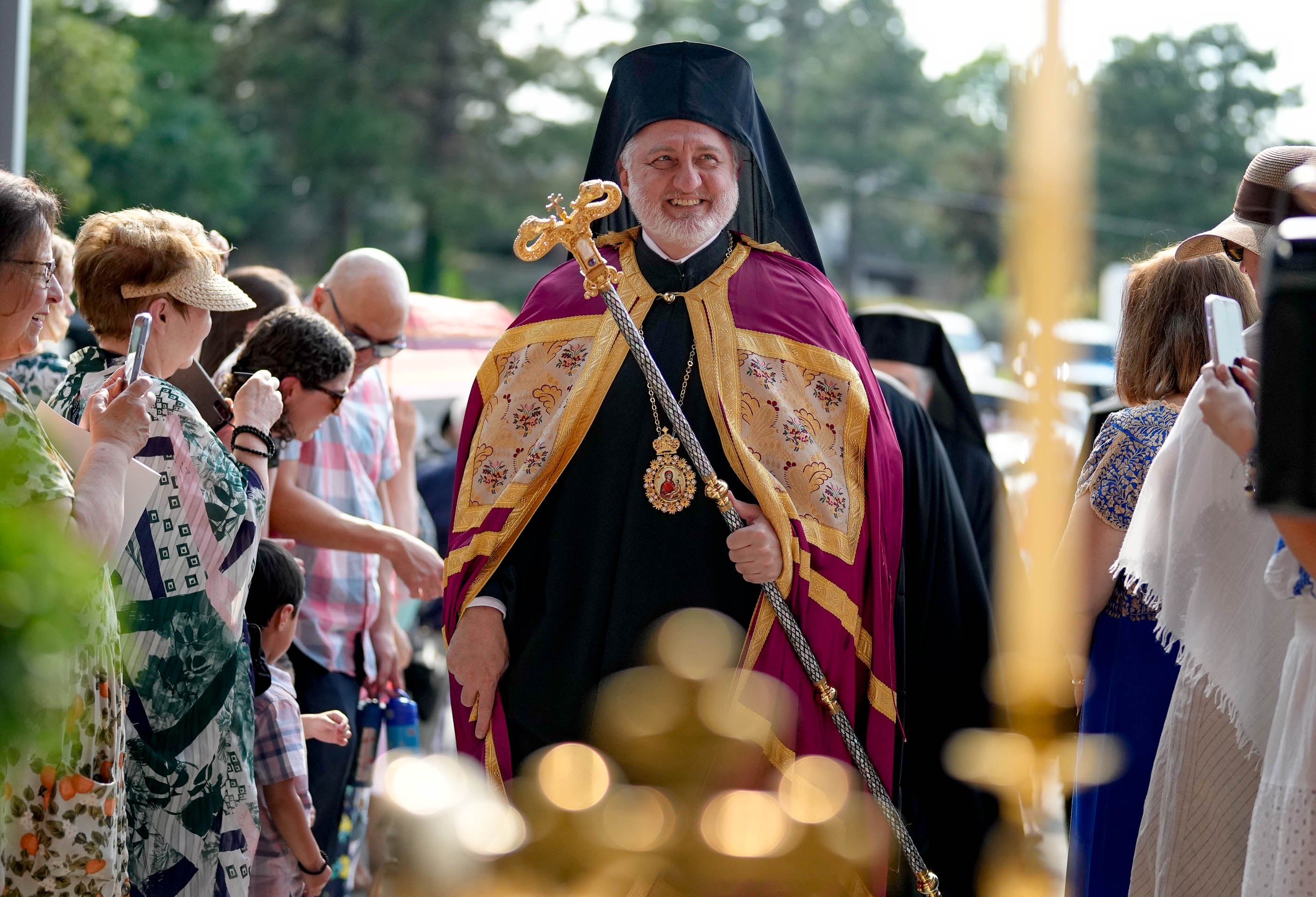 (Francisco Kjolseth | The Salt Lake Tribune) Archbishop Elpidophoros of America arrives at St. Anna Greek Orthodox Church in Sandy for opening services on Saturday, July 13, 2024, at the new church that was transformed from a garden center into a sacred sanctuary.