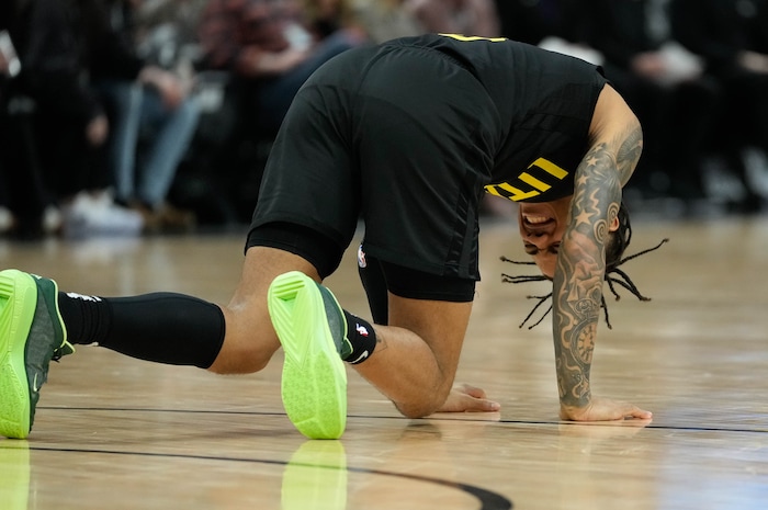 (Francisco Kjolseth  |  The Salt Lake Tribune) Utah Jazz guard Keyonte George (3) takes a hit to the stomach during game action agains the Lakers during an NBA basketball game Wednesday, Feb. 14, 2024, in Salt Lake City.