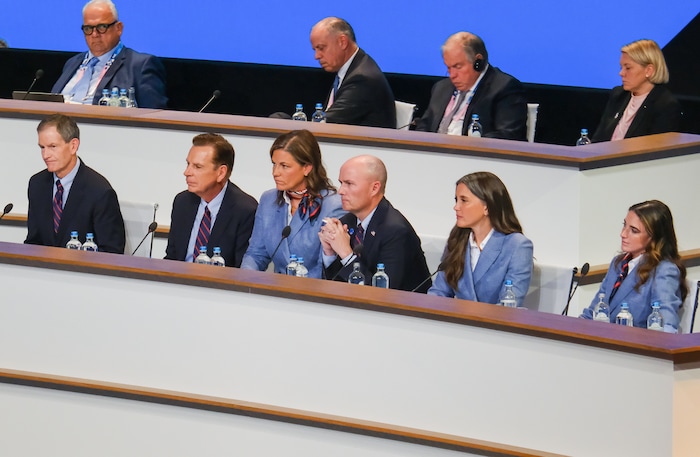 (David Jackson | Park Record) The presentation team for the Salt Lake-Utah Committee for the Games listen to comments from International Olympic Committee members during the 142nd IOC session at the 2024 Summer Olympics, Wednesday, July 24, 2024, in Paris.