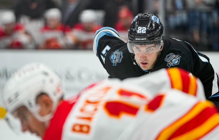 (Francisco Kjolseth  | The Salt Lake Tribune) Utah Hockey Club center Jack McBain (22) during an NHL hockey game at the Delta Center in Salt Lake City against the Calgary Flames on Wednesday, Oct. 30, 2024.