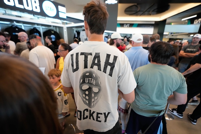 (Francisco Kjolseth  |  The Salt Lake Tribune) Pierce Tews sports the shirt he made as the Utah Hockey Club hosts their first NHL draft party at the Delta Center on Friday, June 28, 2024.