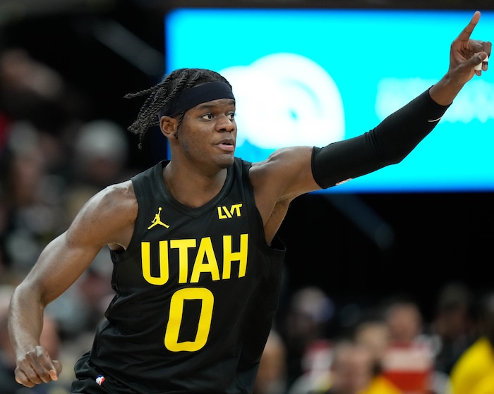 (Francisco Kjolseth  |  The Salt Lake Tribune) Utah Jazz forward Taylor Hendricks (0) celebrates a shot during an NBA basketball game agains the Lakers Wednesday, Feb. 14, 2024, in Salt Lake City.