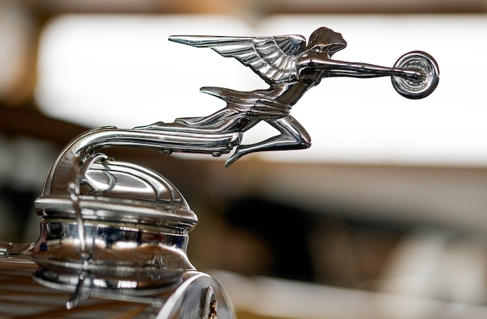 (Francisco Kjolseth  | The Salt Lake Tribune) The elegant hood ornament on a 1931 Packard Model 833 rumble seat roadster with straight 8 is pictured at the Richard W. Erickson Foundation Power Show & Museum in Wallsburg, Utah on Tuesday, Aug. 6, 2024.