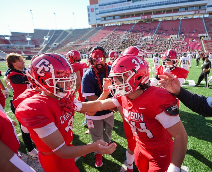 (Chris Samuels | The Salt Lake Tribune) Crimson Cliffs linebacker McKay Wright (34) celebrates after recording a safety during the 4A high school football championship game against Green Canyon at Rice-Eccles Stadium, Friday, Nov. 17, 2023.