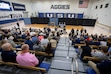 (Rick Egan | The Salt Lake Tribune) Diana Sabau, Utah State University Vice President and Athletics Director, introduces the Aggies' new women's and men's basketball head coaches, at Utah State University, in Logan, on Tuesday, April 2, 2024. Jerry Bovee has filed two lawsuits against Utah State in the wake of his July 2024 firing.