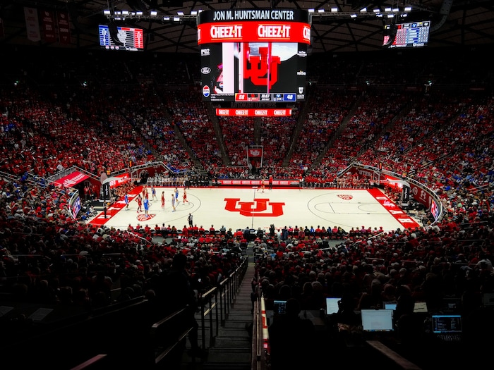 (Bethany Baker  |  The Salt Lake Tribune) Fans fills the arena in a sold-out game between the Utah Utes and the Brigham Young Cougars at the Jon M. Huntsman Center in Salt Lake City on Saturday, Dec. 9, 2023.