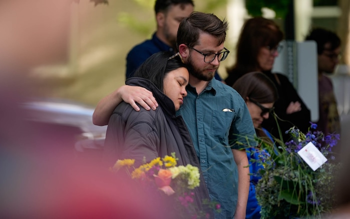 (Francisco Kjolseth  |  The Salt Lake Tribune) People gather for a memorial at Laird Park in Salt Lake City on Wednesday, May 22, 2024, to honor Adlai Owen. Police say Adlai’s father, Sam Owen, fatally shot Adlai before killing himself in an apparent murder-suicide on Saturday, May 18, 2024.