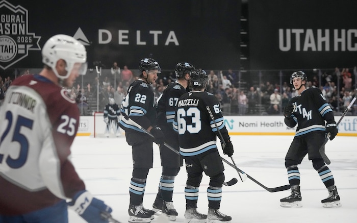 (Bethany Baker  |  The Salt Lake Tribune) Utah Hockey Club celebrates the goal by Utah Hockey Club left wing Matias Maccelli (63) during the game between the Utah Hockey Club and the Colorado Avalanche at the Delta Center in Salt Lake City on Thursday, Oct. 24, 2024.