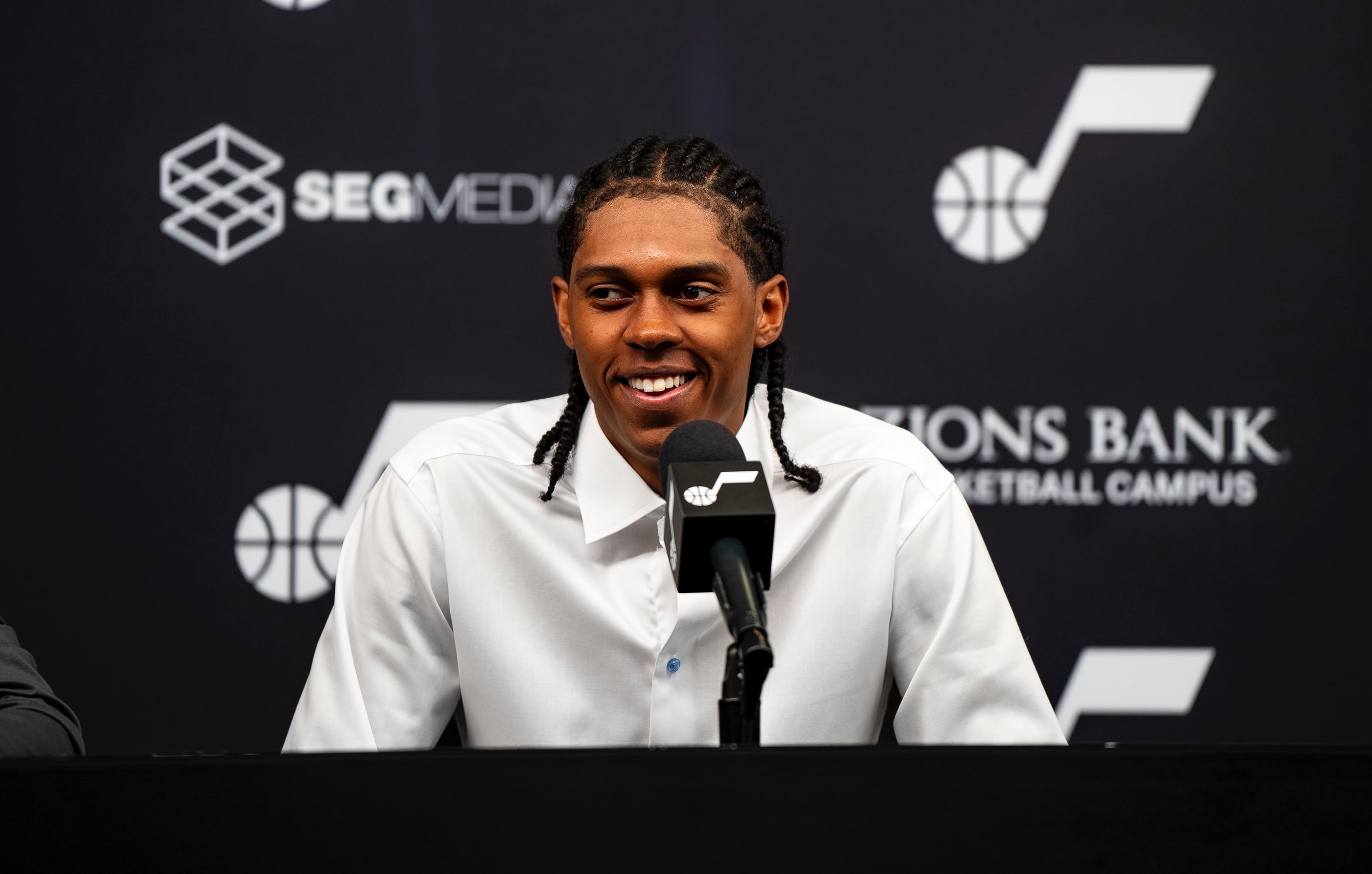 (Utah Jazz) Cody Williams, the No. 10 overall pick in the 2024 NBA Draft, is introduced by the Utah Jazz on July 2.