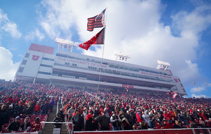 (Bethany Baker  |  The Salt Lake Tribune) Utah Utes fans cheer ahead of the game against the Colorado Buffaloes at Rice-Eccles Stadium in Salt Lake City on Saturday, Nov. 25, 2023.