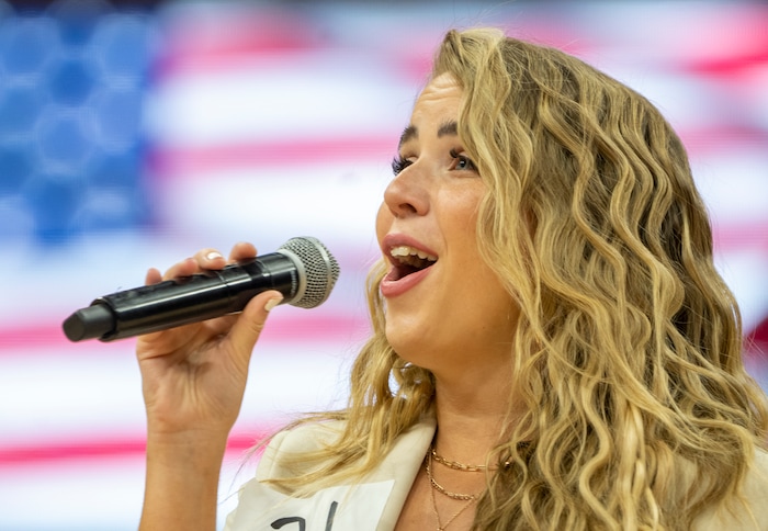 (Rick Egan | The Salt Lake Tribune) Lindsay Romney, performs for the judges during the Utah Jazz national anthem try outs, at the Delta Center, on Tuesday, Aug. 29, 2023.