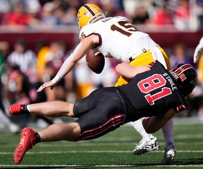 (Francisco Kjolseth  |  The Salt Lake Tribune) Utah Utes defensive end Connor O'Toole (81) takes down Arizona State Sun Devils quarterback Jacob Conover (15) in NCAA football in Salt Lake City on Saturday, Nov. 4, 2023.