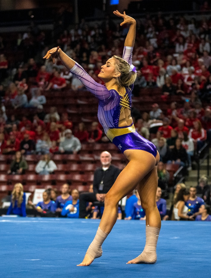 (Rick Egan | The Salt Lake Tribune)  LSU gymnast Livvy Dunne competes on the floor, in a gymnastics meet between Utah, LSU, Oklahoma and UCLA at the Maverik Center, on Saturday, Jan. 13, 2024.